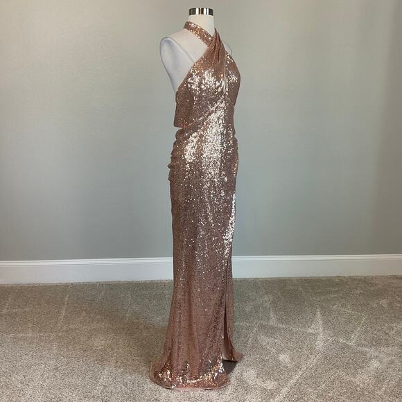 Rose Gold Sequined Backless Long Evening Gown Size 10 by AQUA Thigh Slit Formal - Picture 3 of 13